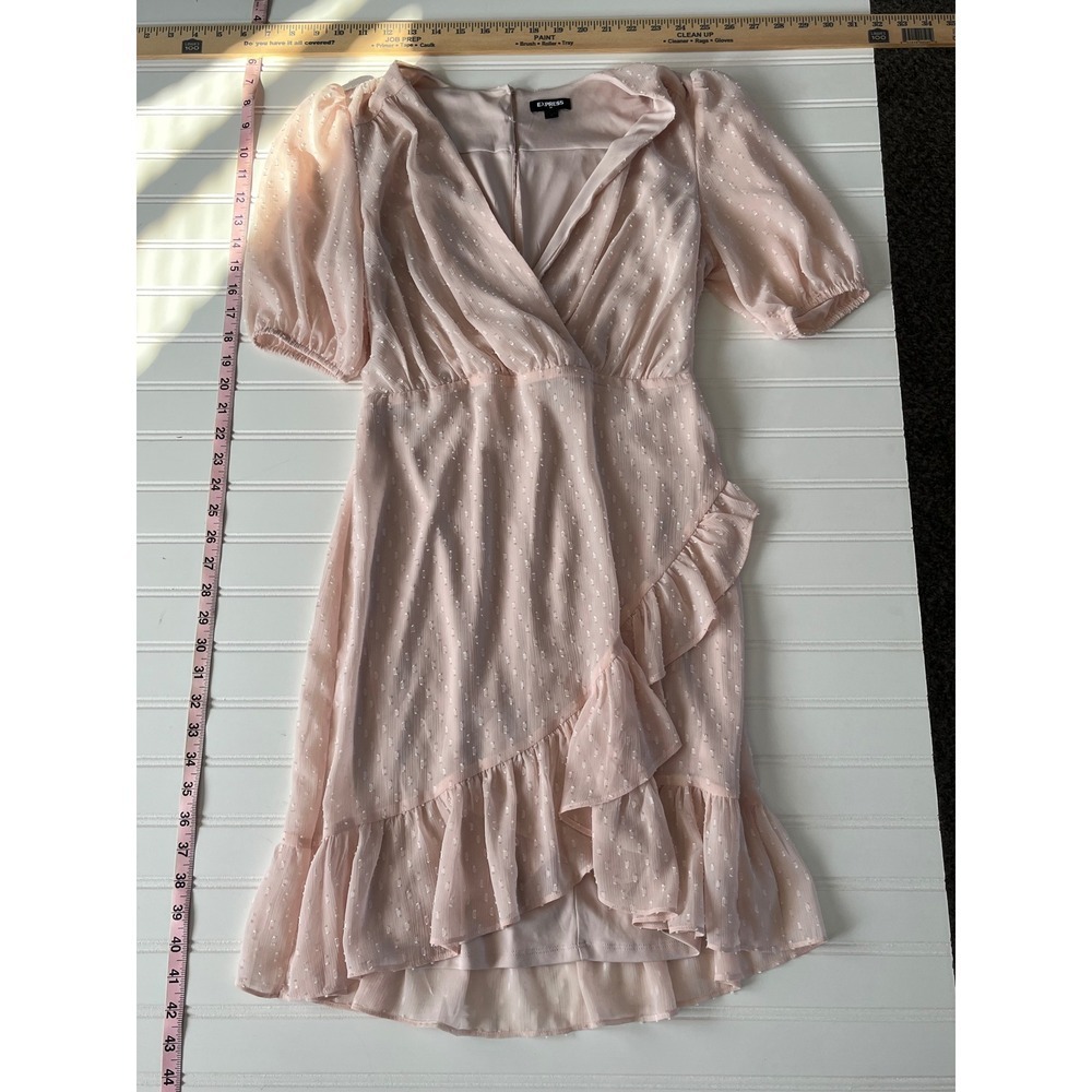 227- Express Womens Pink Ruffle Wrap High Low Chiffon Dress Size 4 Puff Sleeve